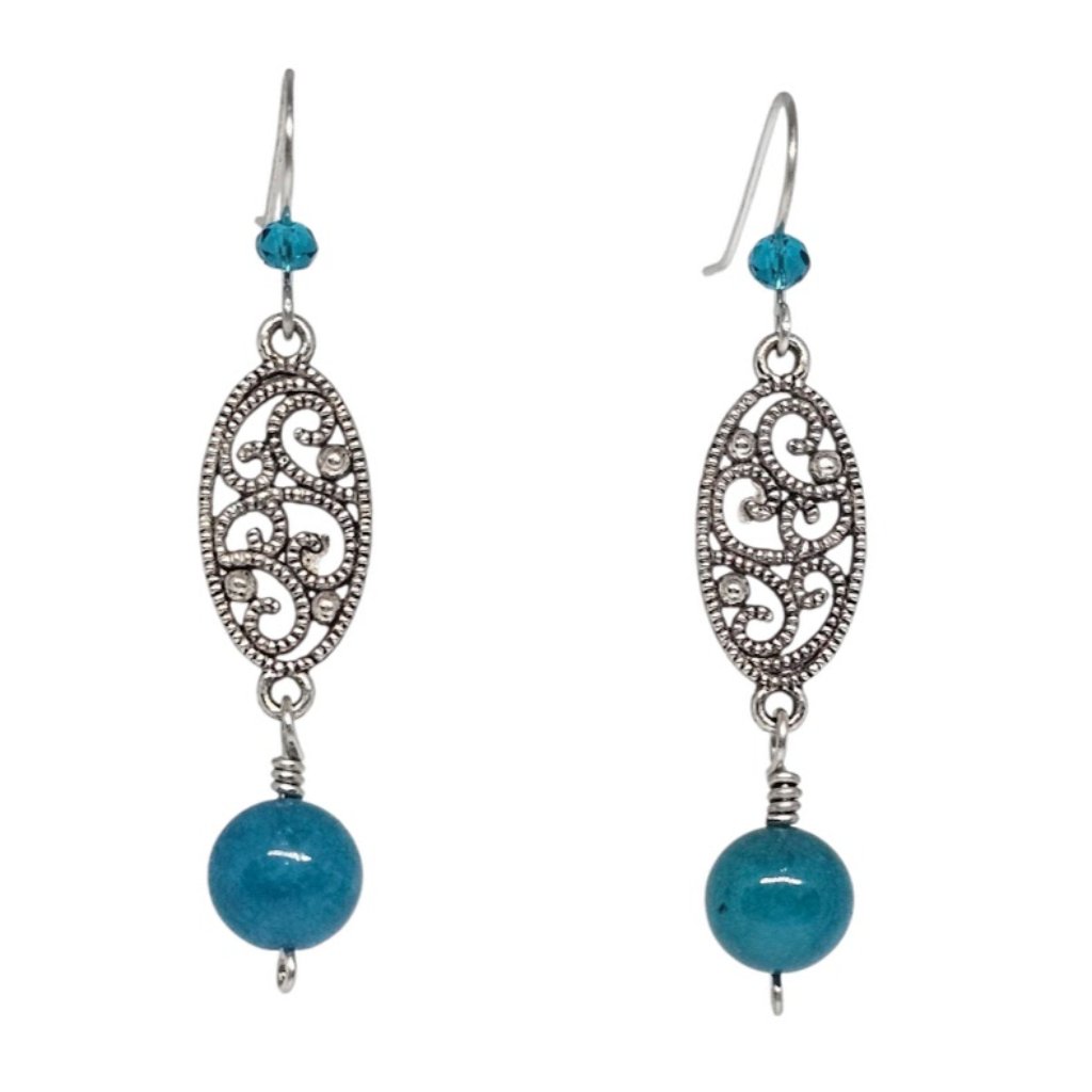 Blue Apatite Gemstone Beaded Silver Pendant Dangle Boho Earrings - Handmade